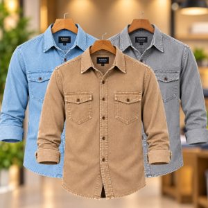 3 Pcs Denim long sleeve double pocket shirt for man- Ash+ Brown+ Sky