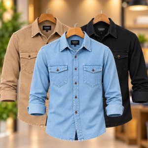 3 Pcs Denim long sleeve double pocket shirt for man- Sky+ Brown+ Black