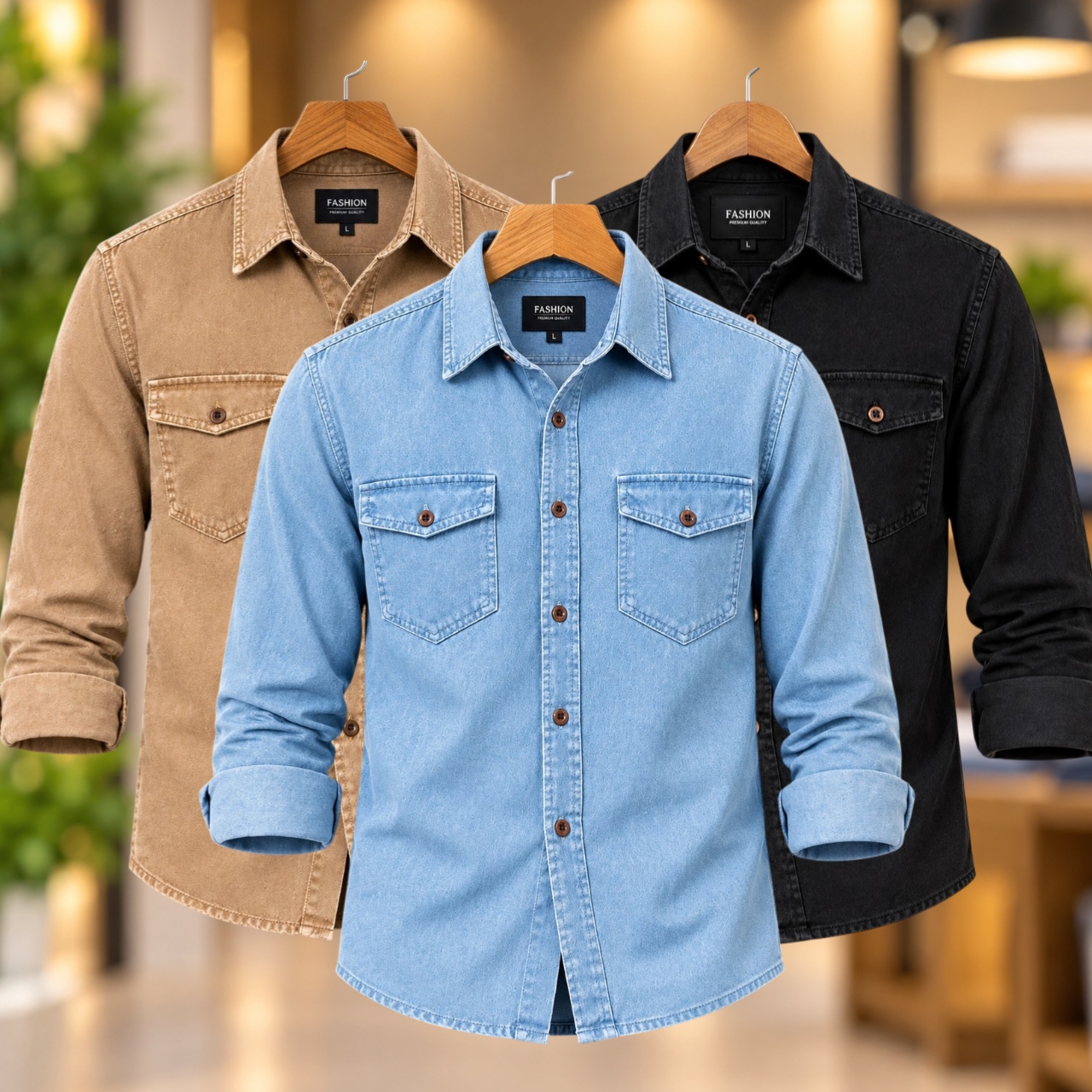 3 Pcs Denim long sleeve double pocket shirt for man- Sky+ Brown+ Black