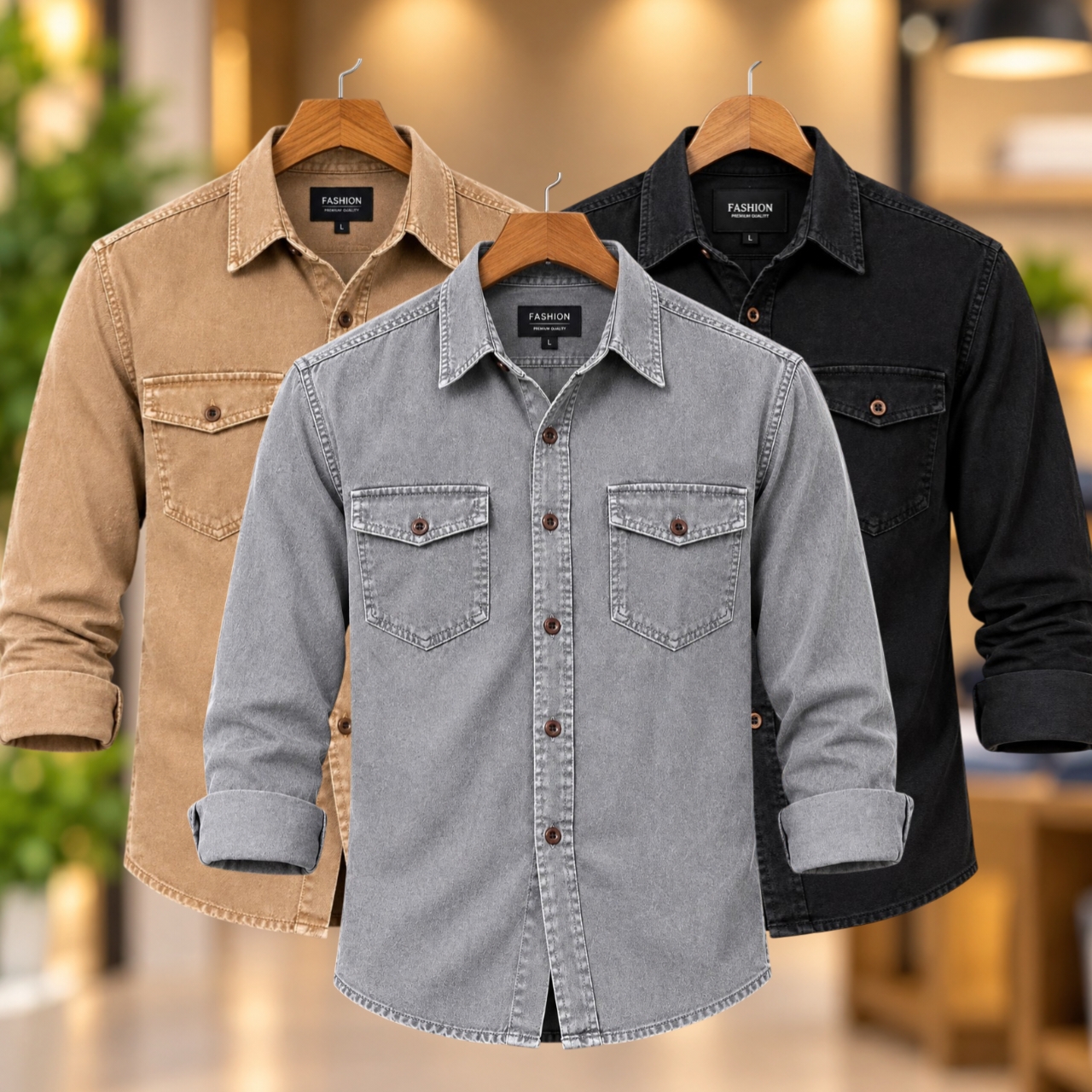 3 Pcs Denim long sleeve double pocket shirt for man- Ash+ Brown+ Black
