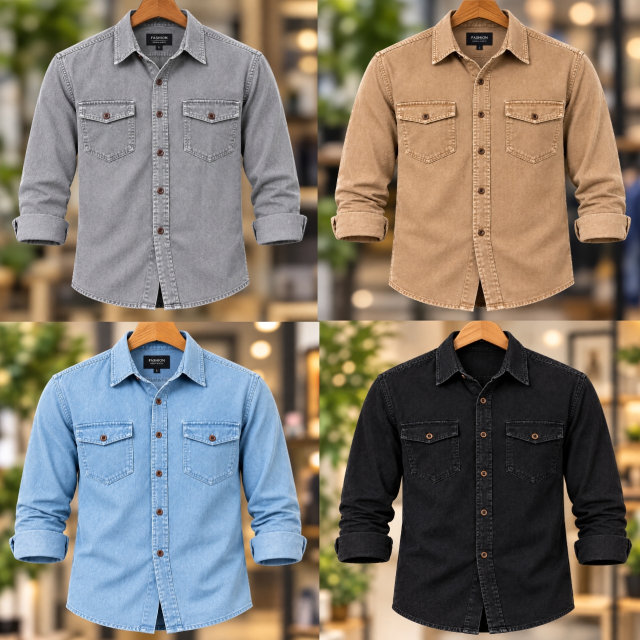 4 Pcs Denim long sleeve double pocket shirt for man- Ash+ Brown+ Black+ Sky