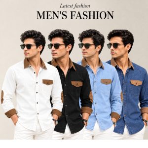 4 Pcs Denim long sleeve Contest 1 pocket shirt for man- White+ Blue+ Black+ Light Blue