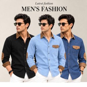 3 Pcs Denim long sleeve Contest 1 pocket shirt for man- Black+ Blue+ Sky