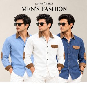 3 Pcs Denim long sleeve Contest 1 pocket shirt for man- White+ Blue+ Sky