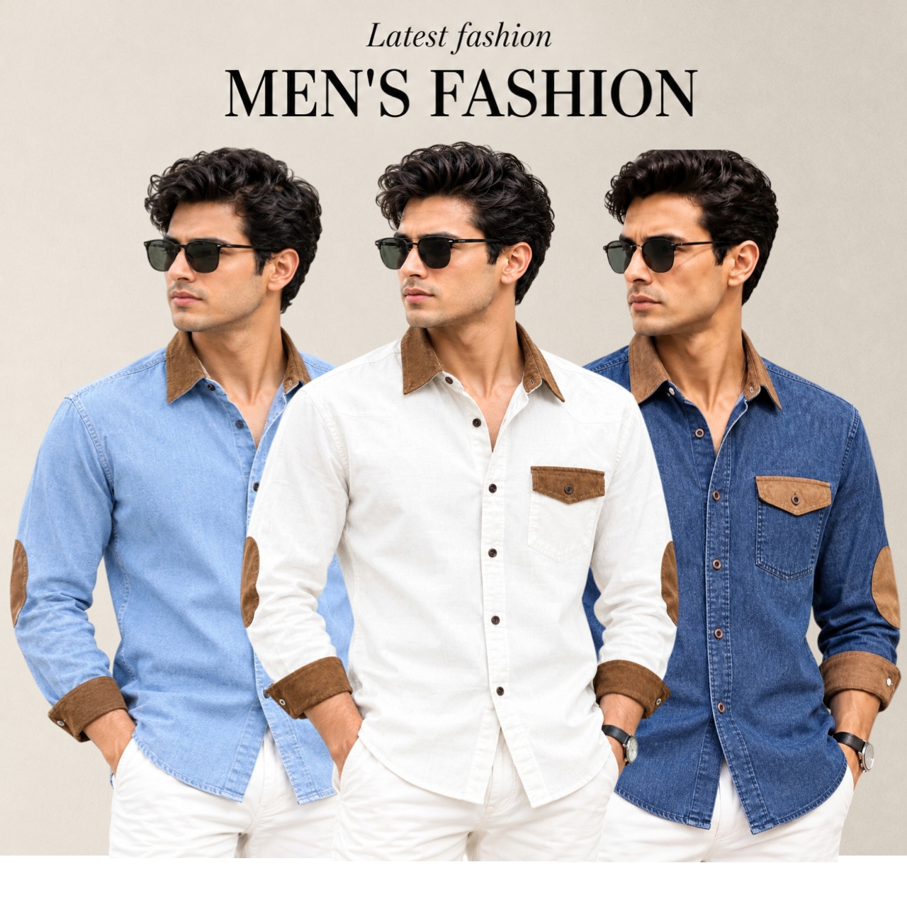3 Pcs Denim long sleeve Contest 1 pocket shirt for man- White+ Blue+ Sky