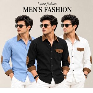 3 Pcs Denim long sleeve Contest 1 pocket shirt for man- White+ Black+ Sky