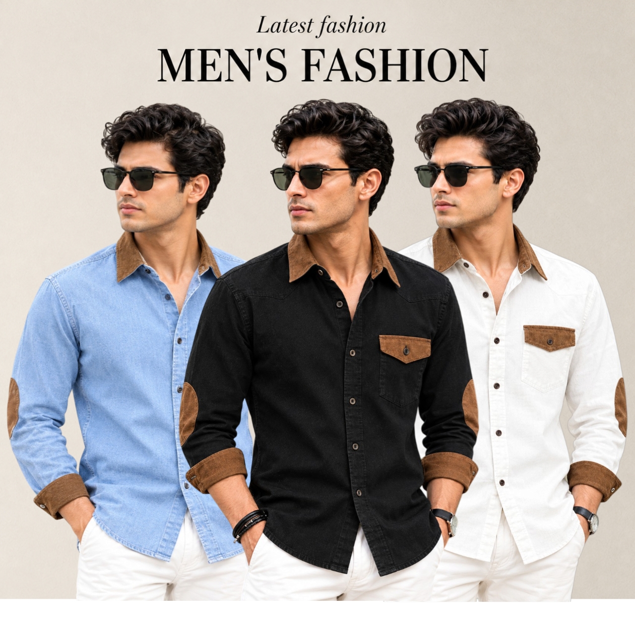 3 Pcs Denim long sleeve Contest 1 pocket shirt for man- White+ Black+ Sky