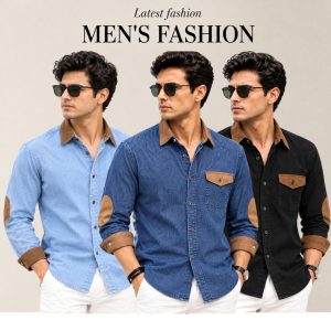 3 Pcs Denim long sleeve Contest 1 pocket shirt for man- Black+ Blue+ Sky