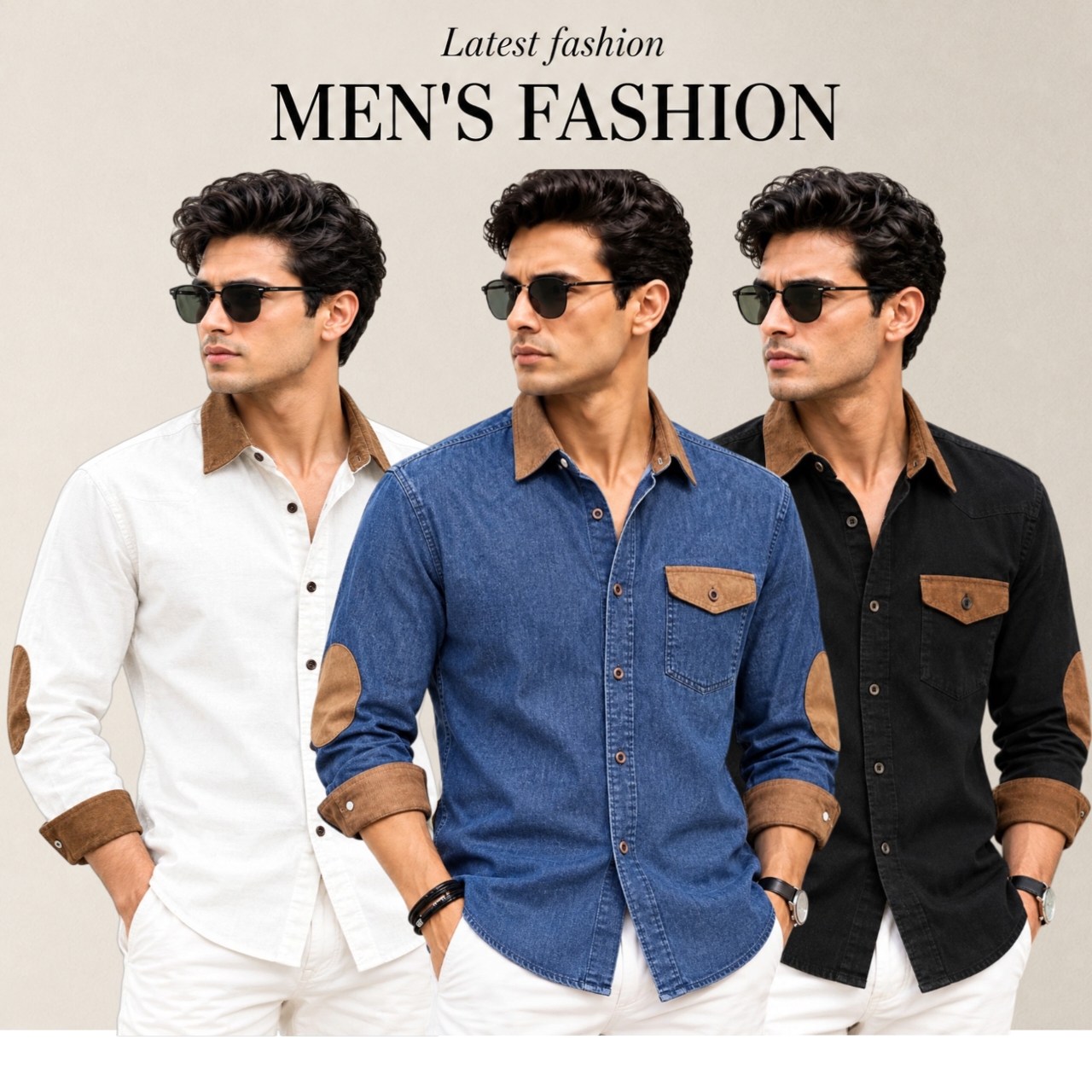 3 Pcs Denim long sleeve Contest 1 pocket shirt for man- White+ Blue+ Black