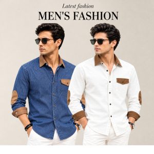 2 Pcs Denim long sleeve Contest 1 pocket shirt for man- Blue+ White