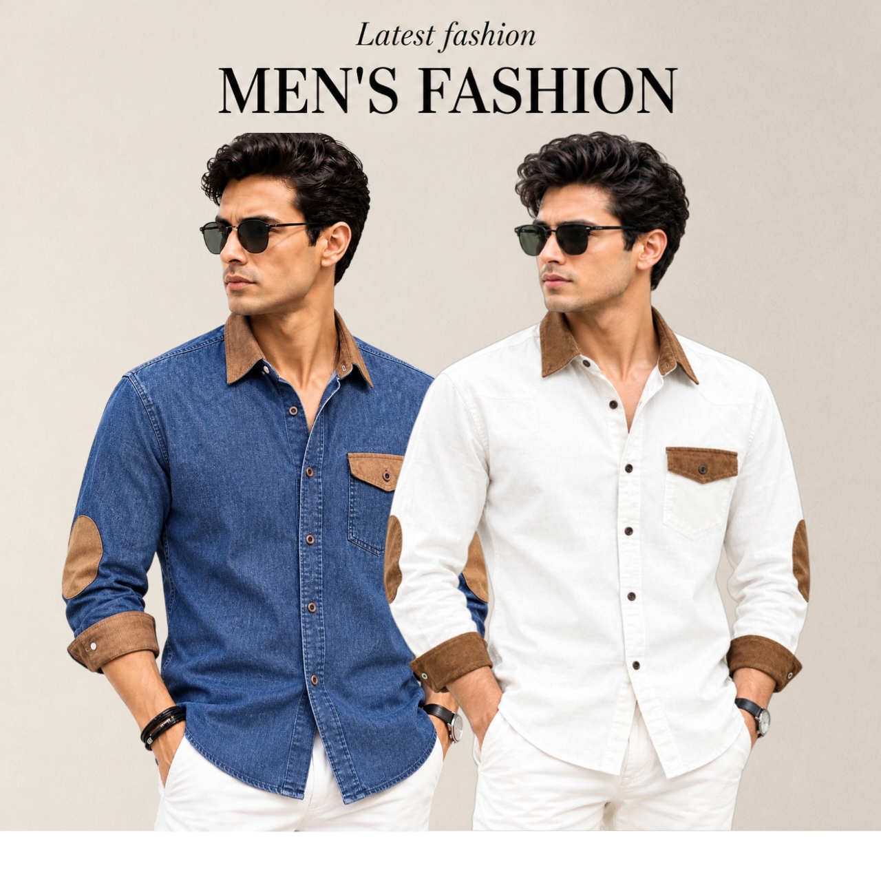2 Pcs Denim long sleeve Contest 1 pocket shirt for man- Blue+ White