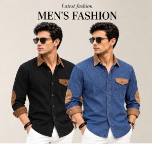 2 Pcs Denim long sleeve Contest 1 pocket shirt for man- Blue+ Black