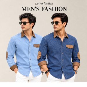2 Pcs Denim long sleeve Contest 1 pocket shirt for man- Blue+ Sky