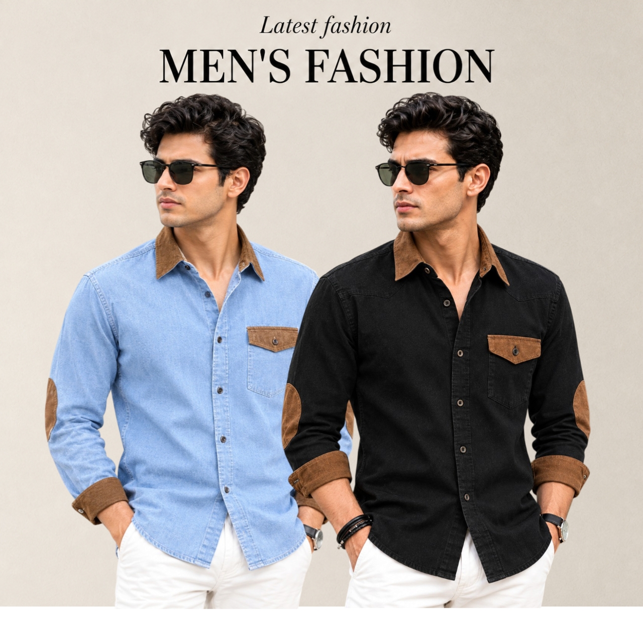 2 Pcs Denim long sleeve Contest 1 pocket shirt for man- Black+ Sky