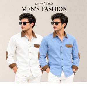 2 Pcs Denim long sleeve Contest 1 pocket shirt for man- Sky+ White