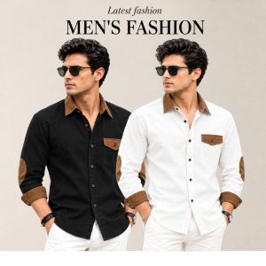 2 Pcs Denim long sleeve Contest 1 pocket shirt for man- Black+ White