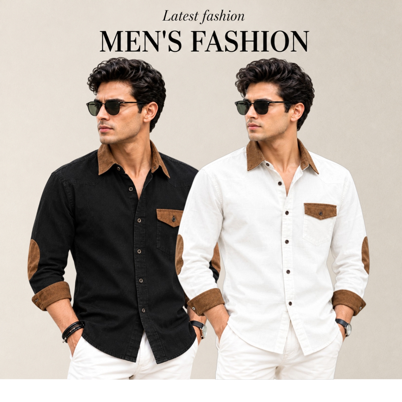 2 Pcs Denim long sleeve Contest 1 pocket shirt for man- Black+ White