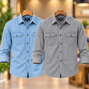 2 Pcs Denim long sleeve double pocket shirt for man- Sky+ Ash