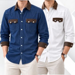 2 Pcs Denim long sleeve double pocket shirt for man- White+ Blue