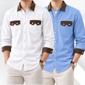 2 Pcs Denim long sleeve double pocket shirt for man- White+ Light Sky