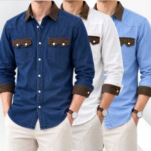 3 Pcs Denim long sleeve double pocket shirt for man- White+ Blue+ Light Blue