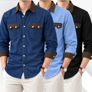 3 Pcs Denim long sleeve double pocket shirt for man- Blue+ Black+ Light Blue