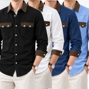 4 Pcs Denim long sleeve double pocket shirt for man- White+ Blue+ Black+ Light Blue