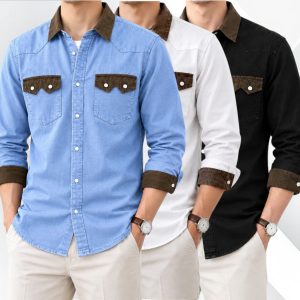 3 Pcs Denim long sleeve double pocket shirt for man- Black+ Light Blue+ White