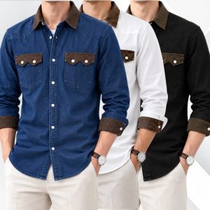 3 Pcs Denim long sleeve double pocket shirt for man- Black+ White+ Blue
