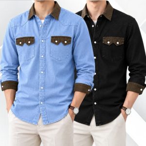 2 Pcs Denim long sleeve double pocket shirt for man- Black+ Light Sky