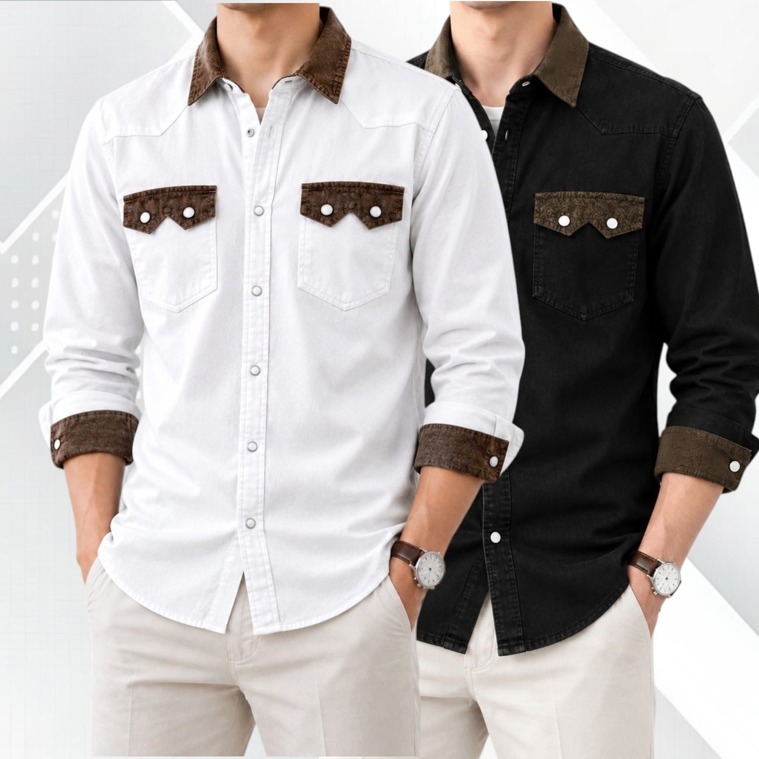 2 Pcs Denim long sleeve double pocket shirt for man- White+ Black