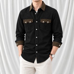 1 Pcs Denim long sleeve double pocket shirt for man- Black