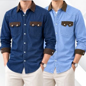 2 Pcs Denim long sleeve double pocket shirt for man- Light Sky+ Blue