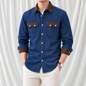 1 Pcs Denim long sleeve double pocket shirt for man- Blue