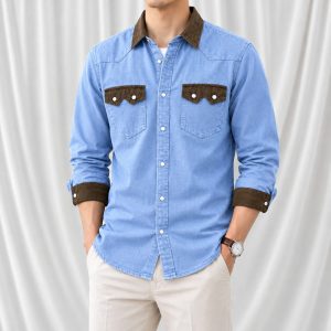 1 Pcs Denim long sleeve double pocket shirt for man- Light Sky