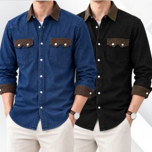 2 Pcs Denim long sleeve double pocket shirt for man- Blue+ Black
