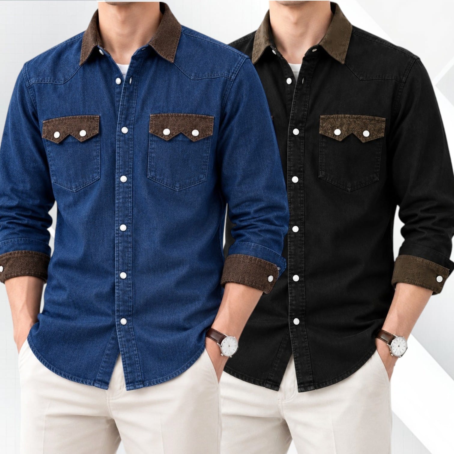 2 Pcs Denim long sleeve double pocket shirt for man- Blue+ Black