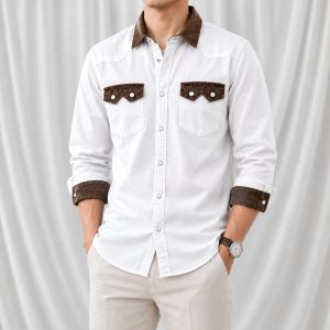 1 Pcs Denim long sleeve double pocket shirt for man- White