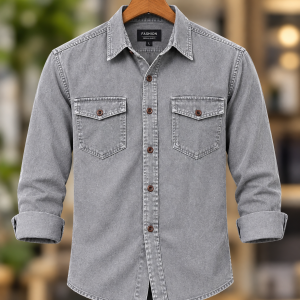 1 Pcs Denim long sleeve double pocket shirt for man- Ash
