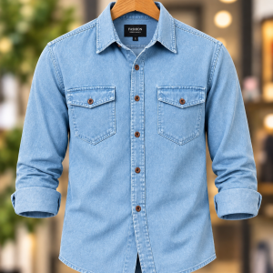 1 Pcs Denim long sleeve double pocket shirt for man- Sky