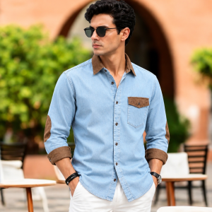 1 Pcs Denim long sleeve Contest 1 pocket shirt for man- Sky