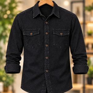 1 Pcs Denim long sleeve double pocket shirt for man- Black