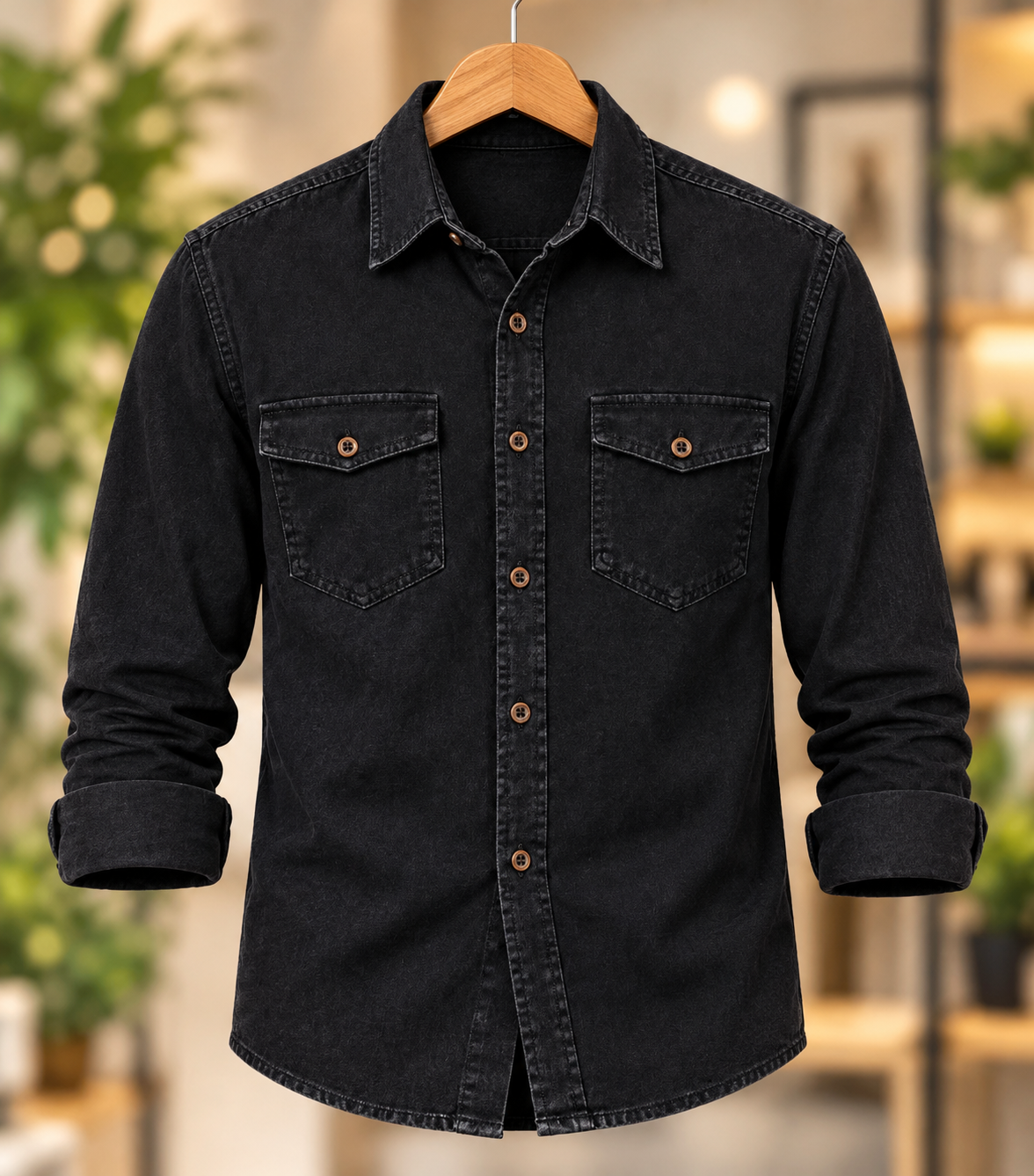 1 Pcs Denim long sleeve double pocket shirt for man- Black