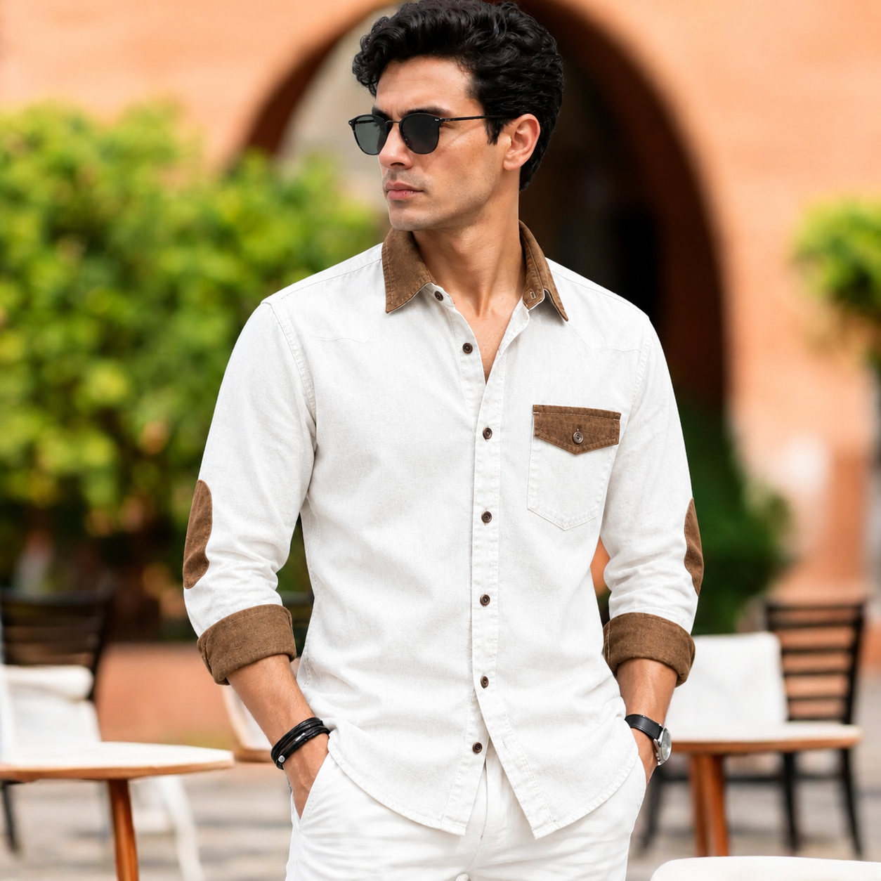 1 Pcs Denim long sleeve Contest 1 pocket shirt for man- White