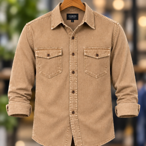 1 Pcs Denim long sleeve double pocket shirt for man- Brown