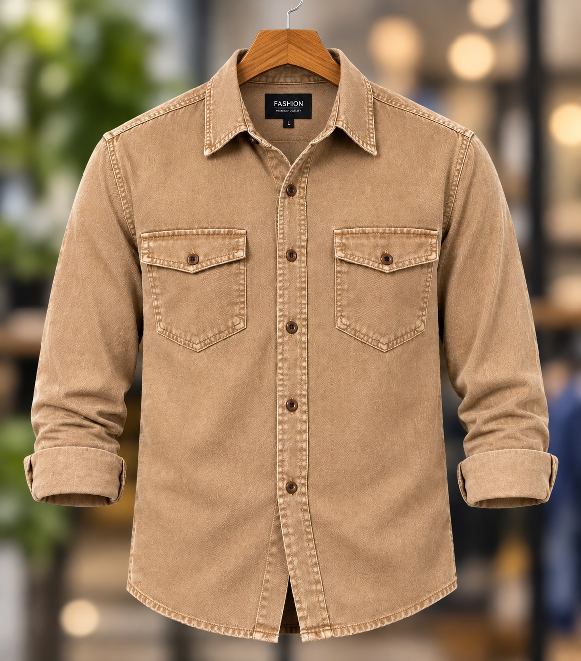 1 Pcs Denim long sleeve double pocket shirt for man- Brown