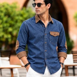 1 Pcs Denim long sleeve Contest 1 pocket shirt for man- Blue