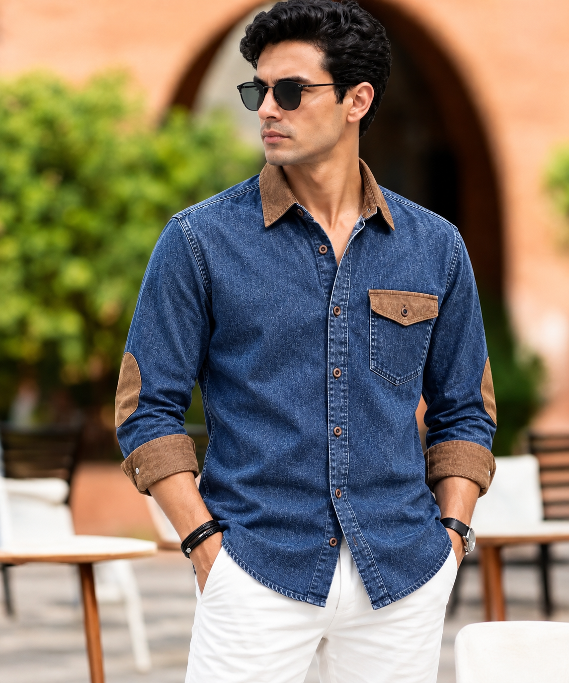 1 Pcs Denim long sleeve Contest 1 pocket shirt for man- Blue