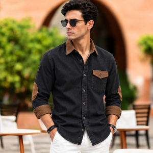 1 Pcs Denim long sleeve Contest 1 pocket shirt for man- Black